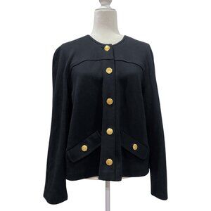 ADRIENNE VITTADINI Black 100% Wool Gold Button Cropped Jacket Blazer Sz 14